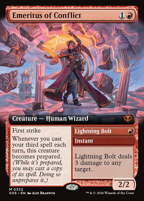 Emeritus of Conflict // Lightning Bolt #332 from Secrets of Strixhaven