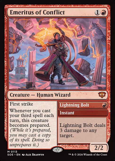 Emeritus of Conflict // Lightning Bolt #113 from Secrets of Strixhaven